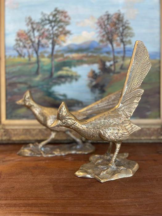Pair of Mid-Century Solid Brass Toned Roadrunner Sculptures with Textured Detailing