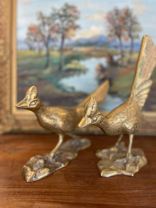Pair of Mid-Century Solid Brass Toned Roadrunner Sculptures with Textured Detailing