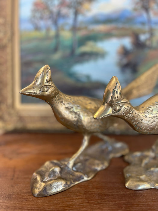 Pair of Mid-Century Solid Brass Toned Roadrunner Sculptures with Textured Detailing