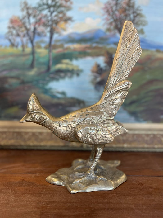 Pair of Mid-Century Solid Brass Toned Roadrunner Sculptures with Textured Detailing