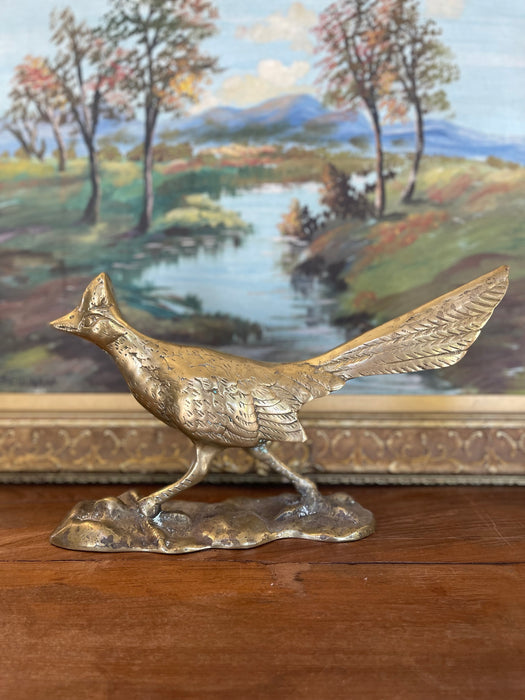 Pair of Mid-Century Solid Brass Toned Roadrunner Sculptures with Textured Detailing