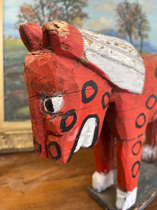 Primitive American Folk Art Painted Wood Horse Sculpture in Red and White with Black Circle Motif