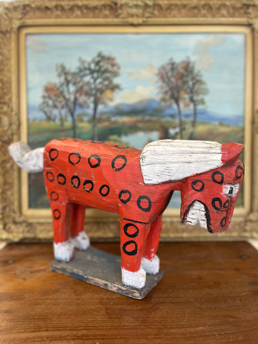 Primitive American Folk Art Painted Wood Horse Sculpture in Red and White with Black Circle Motif