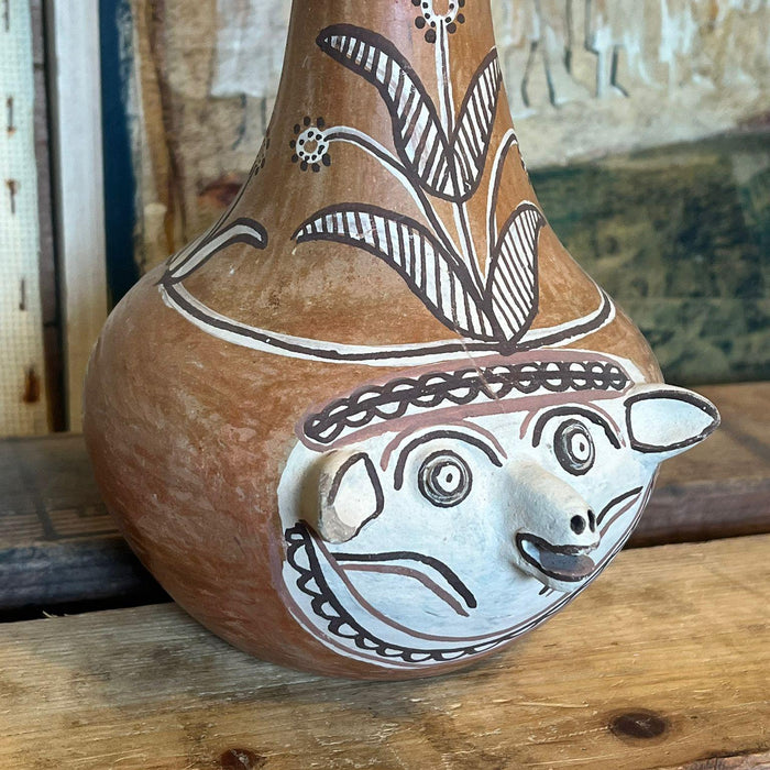 Primitive Animal Face Jug Clay pottery Folk art Head pitcher Sculpture.