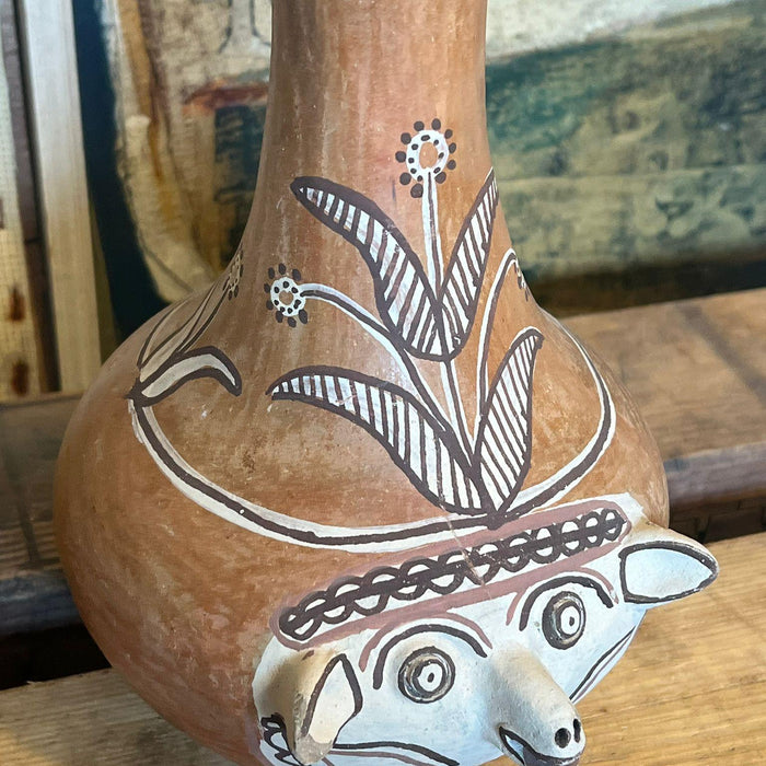 Primitive Animal Face Jug Clay pottery Folk art Head pitcher Sculpture.