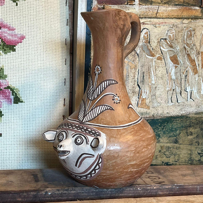 Primitive Animal Face Jug Clay pottery Folk art Head pitcher Sculpture.