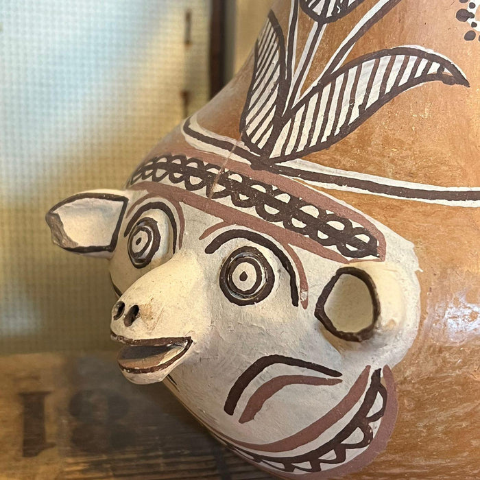 Primitive Animal Face Jug Clay pottery Folk art Head pitcher Sculpture.