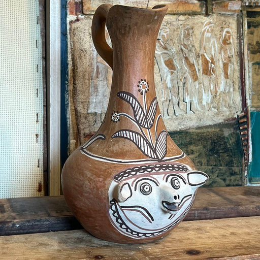Primitive Animal Face Jug Clay pottery Folk art Head pitcher Sculpture.