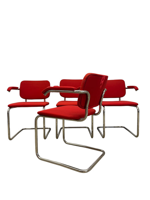 Set of 4 Knoll Cesca Red Upholstered Cantilever Armchairs with Chrome Frames