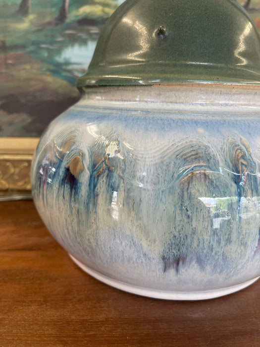 Signed Studio Pottery Ceramic Table Lamp with Crystalline Glaze and Moss Green Cap, Mid-20th Century Style