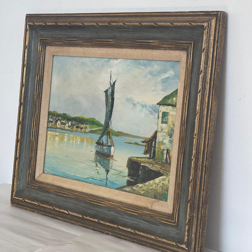 Title Vintage framed painting depicting a boat scene (Available by Online Purchase Only)