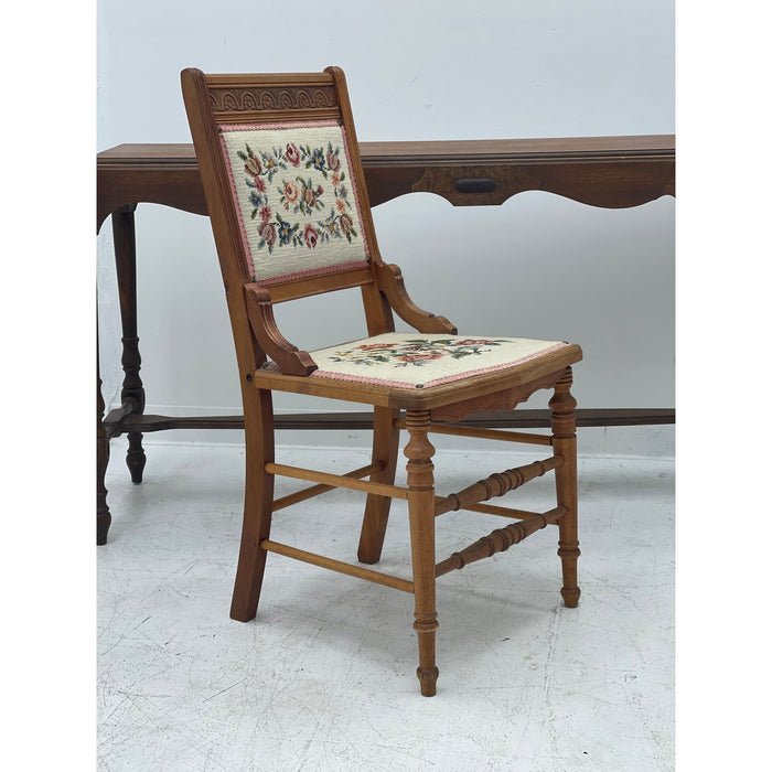 Victorian Style Vintage Floral Needlepoint Side Wood Chair with Turned Spindle Legs