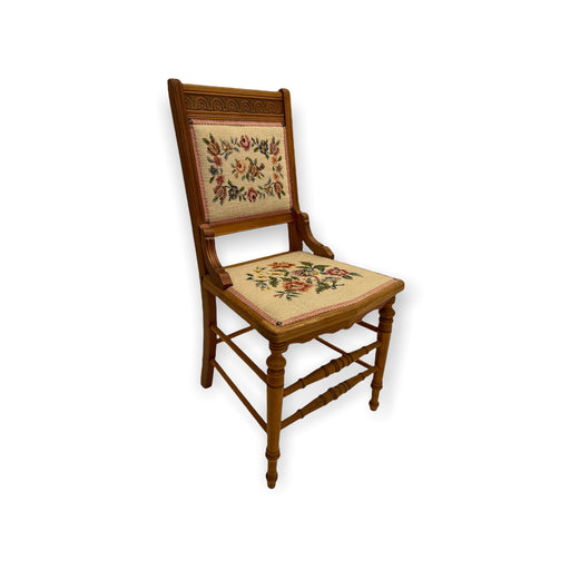 Victorian Style Vintage Floral Needlepoint Side Wood Chair with Turned Spindle Legs
