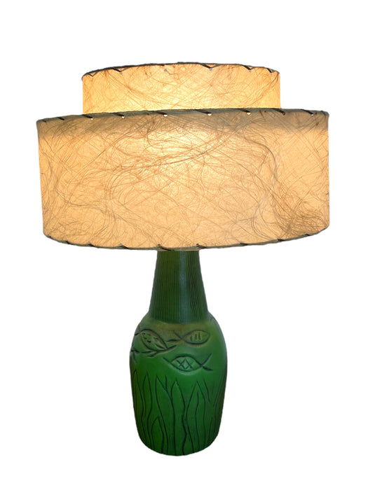 Vintage 1950s Green Ceramic-like Table Lamp with possibly Fiberglass Double Drum Shade