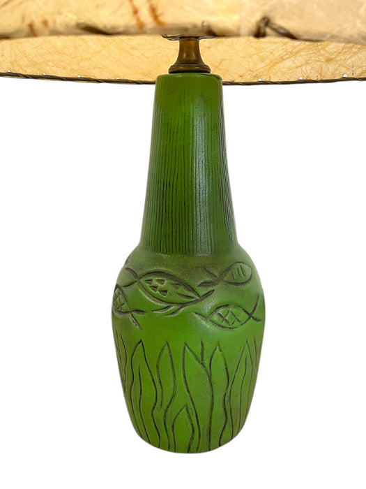 Vintage 1950s Green Ceramic-like Table Lamp with possibly Fiberglass Double Drum Shade