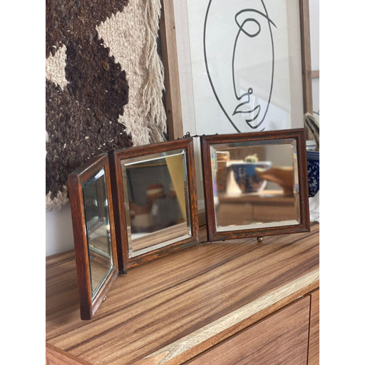 Vintage 3 Fold Mirror With Wooden Baking Floral DesignPatina Qualities Consistent with Age