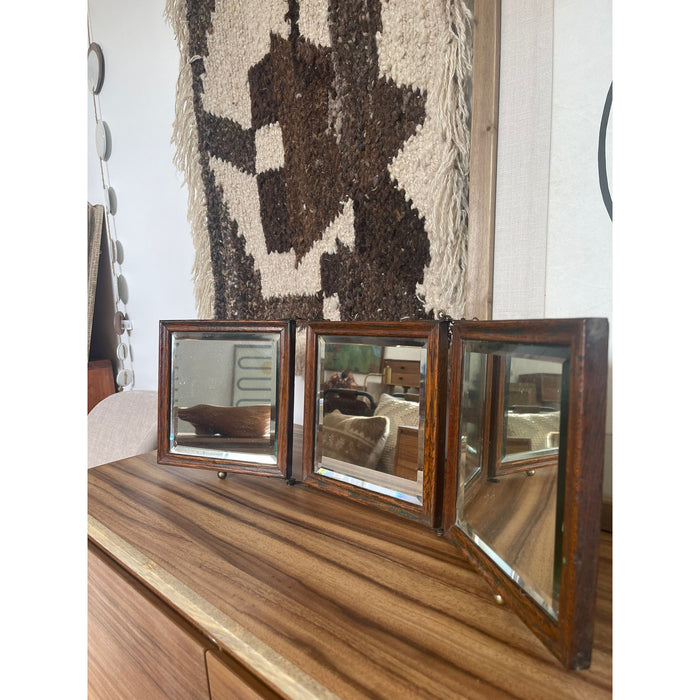 Vintage 3 Fold Mirror With Wooden Baking Floral DesignPatina Qualities Consistent with Age