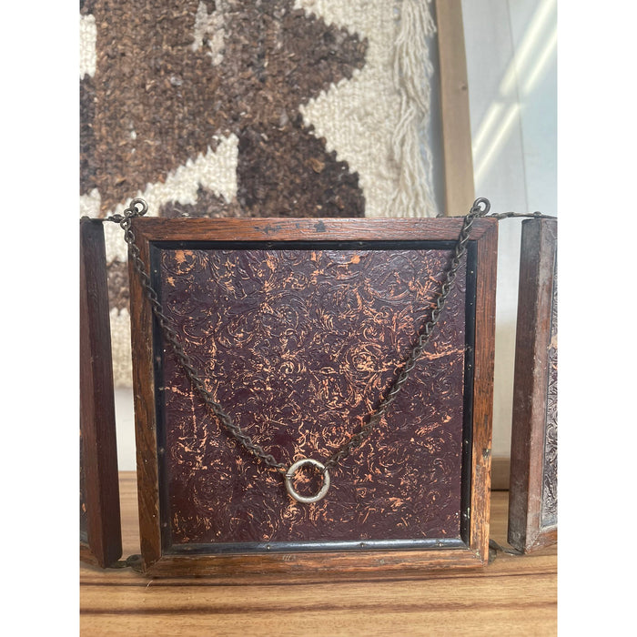 Vintage 3 Fold Mirror With Wooden Baking Floral DesignPatina Qualities Consistent with Age
