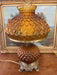 Vintage Amber Glass Hurricane Lamp with Diamond Point Hobnail Pattern with Ornate Metal Toned Base, Mid Century Modern Accent Lighting
