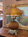 Vintage Amber Glass Hurricane Lamp with Diamond Point Hobnail Pattern with Ornate Metal Toned Base, Mid Century Modern Accent Lighting