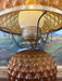 Vintage Amber Glass Hurricane Lamp with Diamond Point Hobnail Pattern with Ornate Metal Toned Base, Mid Century Modern Accent Lighting