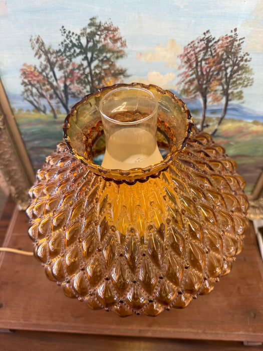 Vintage Amber Glass Hurricane Lamp with Diamond Point Hobnail Pattern with Ornate Metal Toned Base, Mid Century Modern Accent Lighting