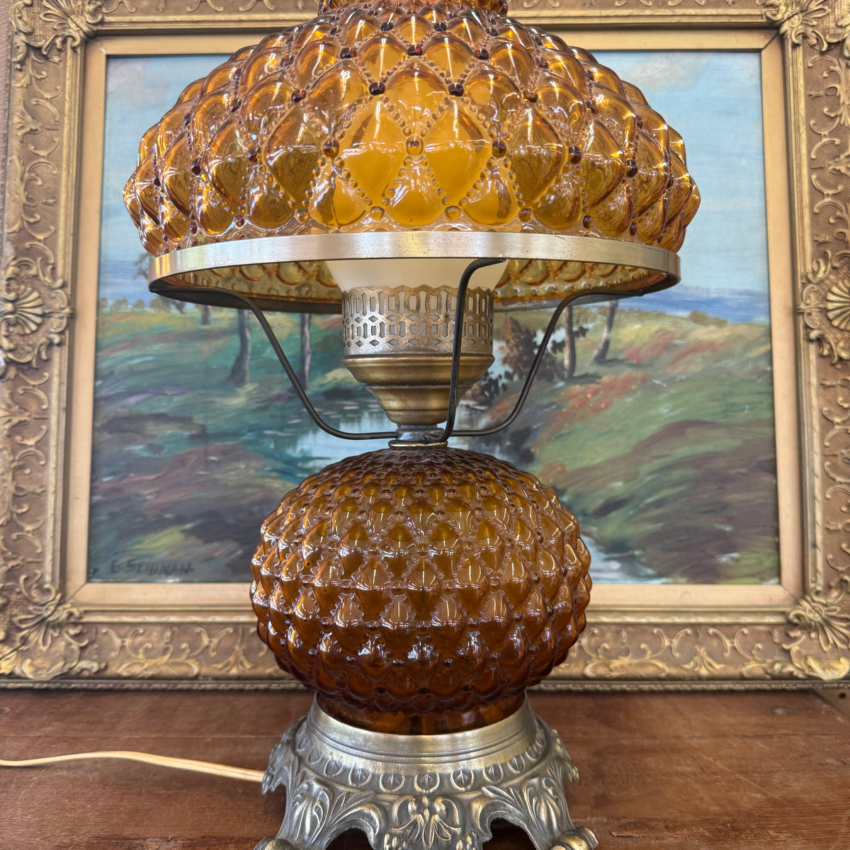 Vintage Amber Glass Hurricane Lamp with Diamond Point Hobnail