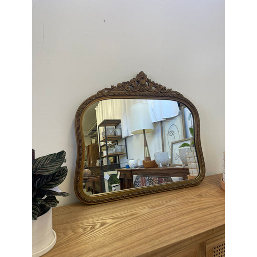 Vintage Arched Ornate Carved Gilt Wood Framed Mirror. Circa 1940s With Floral Motif.