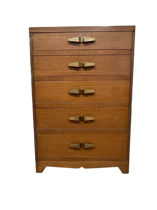 Vintage Art Deco 5 Drawer Dresser with Mid Century Design Elements and Original Brass Finished Metal Hardware