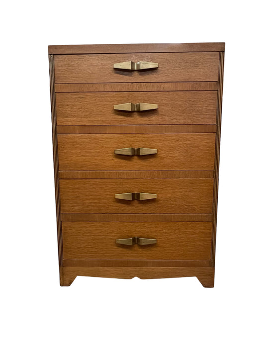 Vintage Art Deco 5 Drawer Dresser with Mid Century Design Elements and Original Brass Finished Metal Hardware