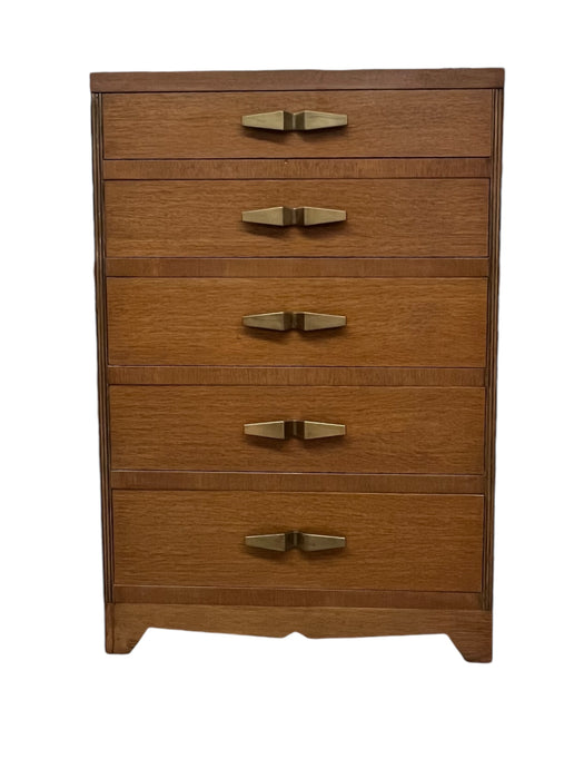 Vintage Art Deco 5 Drawer Dresser with Mid Century Design Elements and Original Brass Finished Metal Hardware