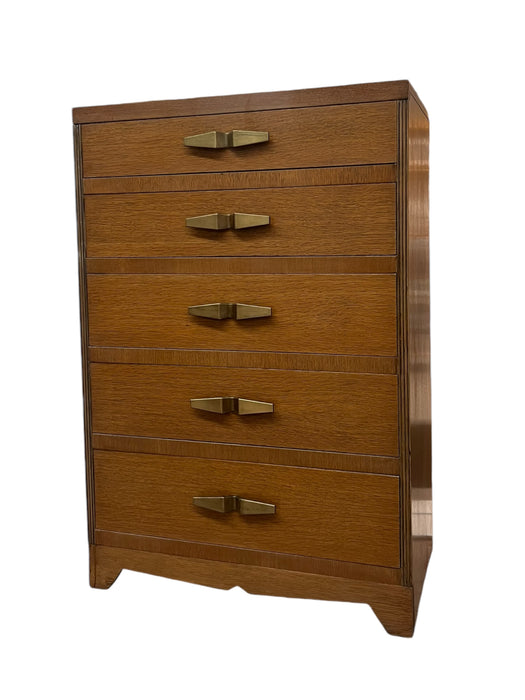 Vintage Art Deco 5 Drawer Dresser with Mid Century Design Elements and Original Brass Finished Metal Hardware