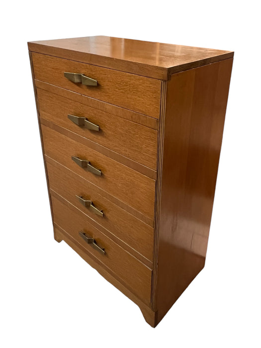 Vintage Art Deco 5 Drawer Dresser with Mid Century Design Elements and Original Brass Finished Metal Hardware