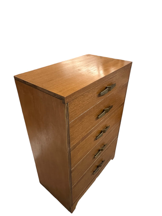Vintage Art Deco 5 Drawer Dresser with Mid Century Design Elements and Original Brass Finished Metal Hardware