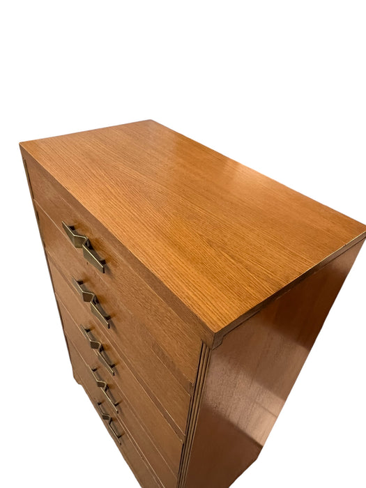 Vintage Art Deco 5 Drawer Dresser with Mid Century Design Elements and Original Brass Finished Metal Hardware