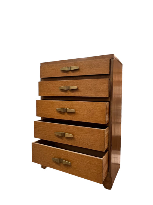 Vintage Art Deco 5 Drawer Dresser with Mid Century Design Elements and Original Brass Finished Metal Hardware