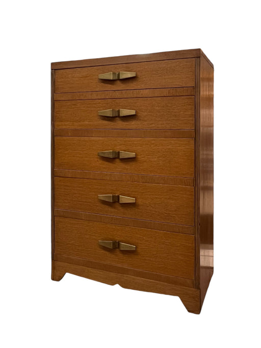 Vintage Art Deco 5 Drawer Dresser with Mid Century Design Elements and Original Brass Finished Metal Hardware
