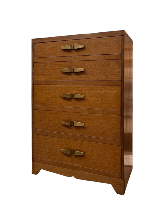 Vintage Art Deco 5 Drawer Dresser with Mid Century Design Elements and Original Brass Finished Metal Hardware