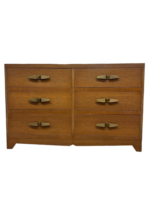Vintage Art Deco 6 Drawer Dresser with Mid Century Design Elements and Original Brass Finished Metal Hardware