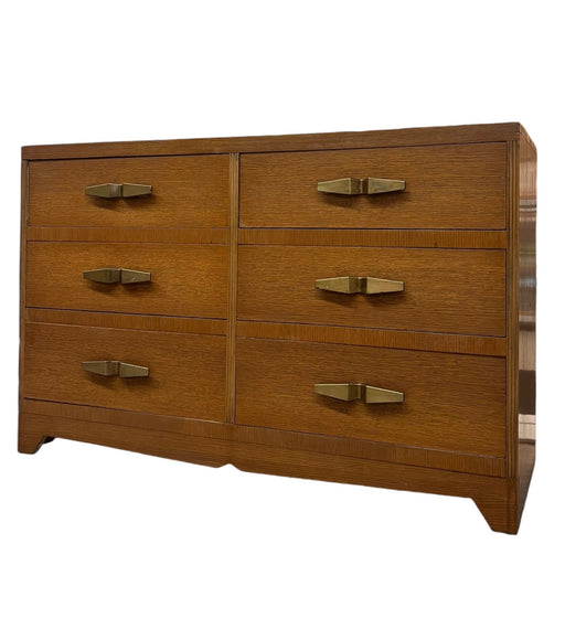 Vintage Art Deco 6 Drawer Dresser with Mid Century Design Elements and Original Brass Finished Metal Hardware