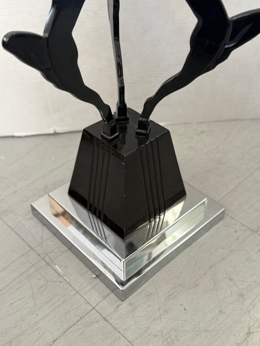 Vintage Art Deco & Frankart Style Glass Top Side Table with Black & Chrome Tone Nude Figures Sculptural Accent Table