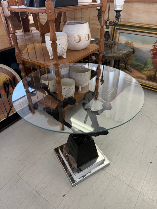 Vintage Art Deco & Frankart Style Glass Top Side Table with Black & Chrome Tone Nude Figures Sculptural Accent Table