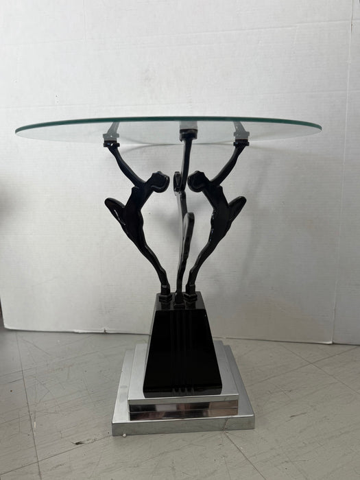 Vintage Art Deco & Frankart Style Glass Top Side Table with Black & Chrome Tone Nude Figures Sculptural Accent Table