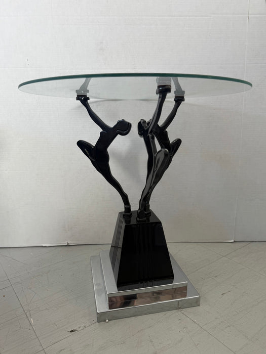 Vintage Art Deco & Frankart Style Glass Top Side Table with Black & Chrome Tone Nude Figures Sculptural Accent Table