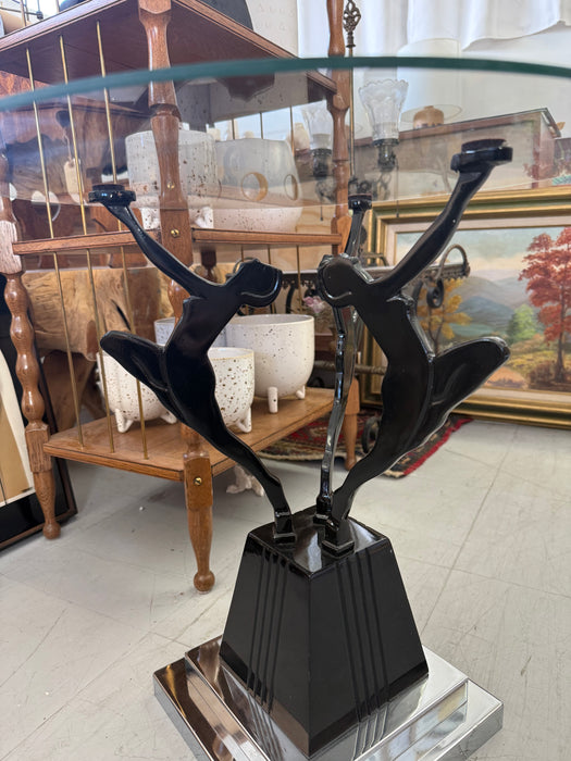 Vintage Art Deco & Frankart Style Glass Top Side Table with Black & Chrome Tone Nude Figures Sculptural Accent Table