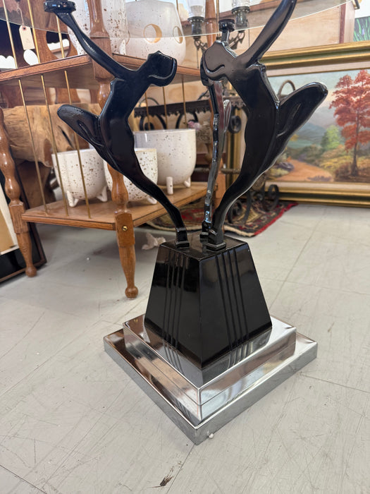 Vintage Art Deco & Frankart Style Glass Top Side Table with Black & Chrome Tone Nude Figures Sculptural Accent Table