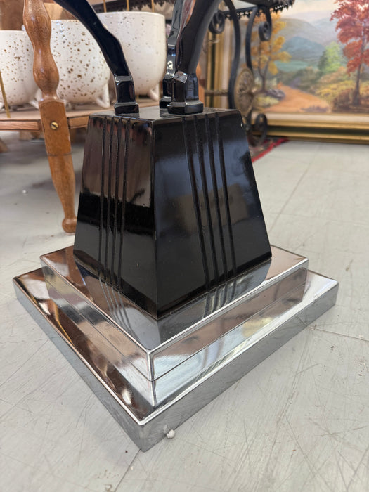 Vintage Art Deco & Frankart Style Glass Top Side Table with Black & Chrome Tone Nude Figures Sculptural Accent Table