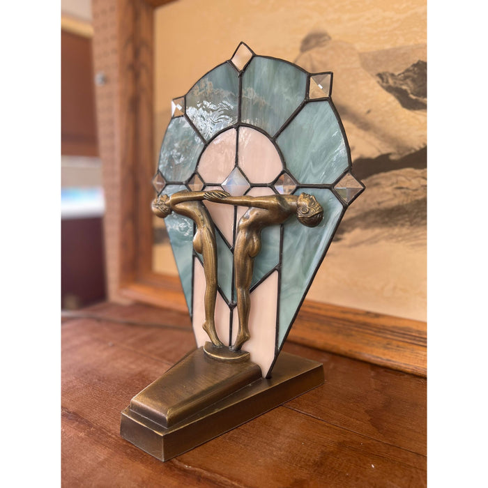 Vintage Art Deco Stained Glass Nude Figurine Blue Lamp