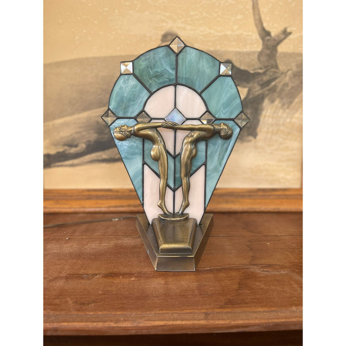Vintage Art Deco Stained Glass Nude Figurine Blue Lamp