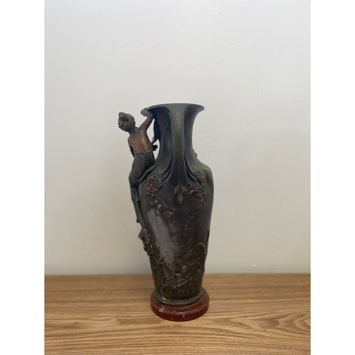 Vintage Art Nouveau Era Vase With Feminine Figurine Sculpture and Floral Motif.